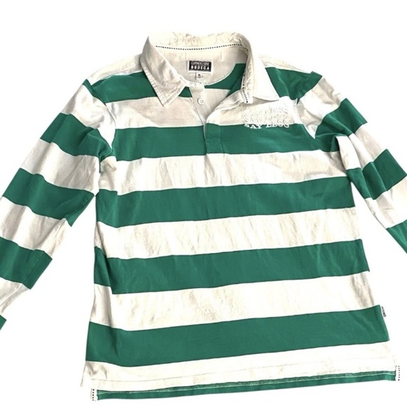 Cornerstore Bodega ‘Say Less’ Smiley Face Men’s Long Sleeve Green Striped Polo - Picture 2 of 12